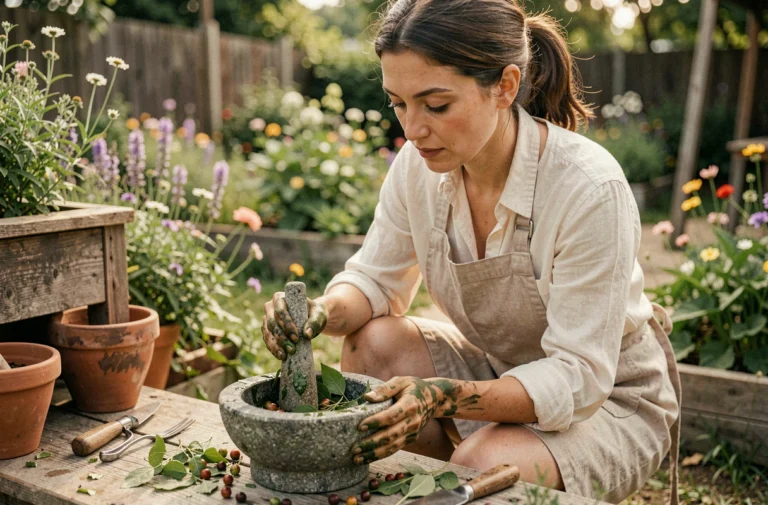 Femme préparant de la peinture naturelle à partir de plantes en broyant des feuilles dans un mortier en pierre, dans un jardin artisanal