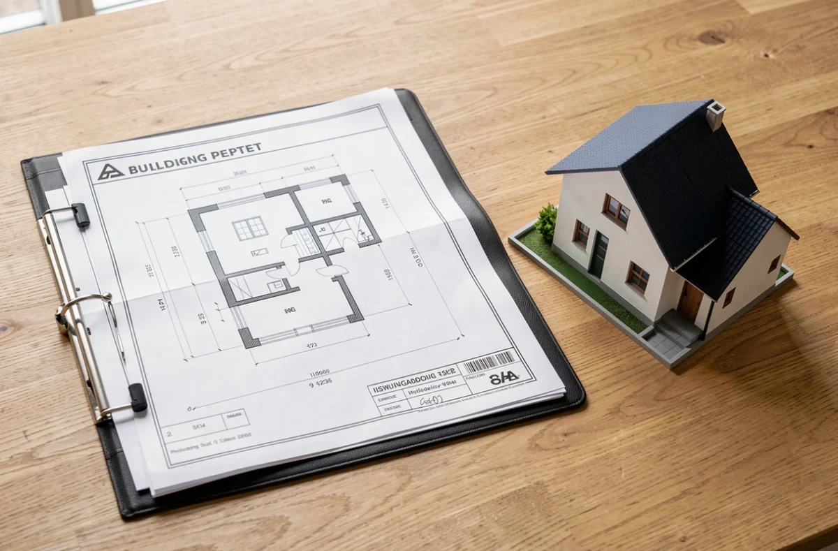 Plans et dossier de permis de construire posés sur une table