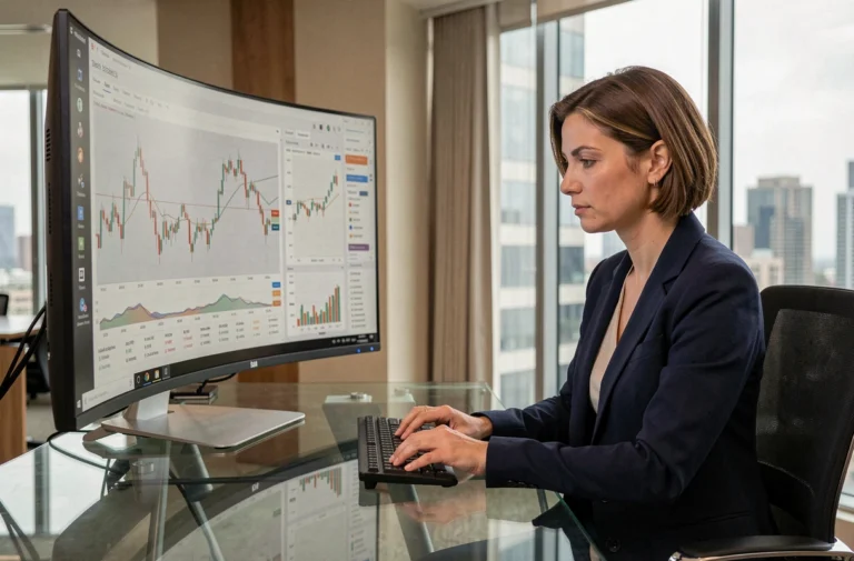 Femme professionnelle analysant des données financières sur une plateforme numérique dans un bureau moderne