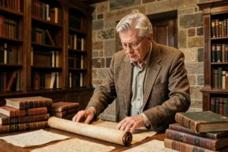 Professeur universitaire étudiant des manuscrits anciens dans une bibliothèque historique, illustrant la transmission des savoirs et la théorie de la tradition