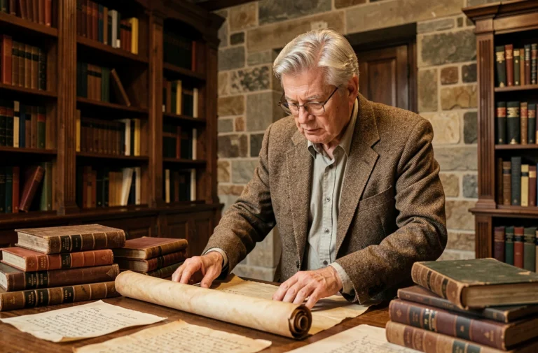 Professeur universitaire étudiant des manuscrits anciens dans une bibliothèque historique, illustrant la transmission des savoirs et la théorie de la tradition