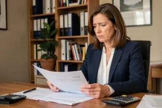 Femme consultant des documents fiscaux liés à la vente d'une maison dans un bureau à domicile