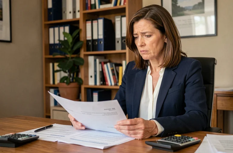 Femme consultant des documents fiscaux liés à la vente d'une maison dans un bureau à domicile