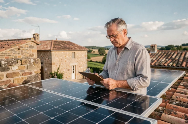Propriétaire examinant des panneaux solaires installés sur le toit de sa maison en pierre en France, tenant un clipboard, avec vue sur la campagne provençale