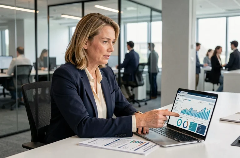 Responsable GSR en entreprise analysant des rapports de performance et des indicateurs clés sur un ordinateur portable lors d'une réunion professionnelle