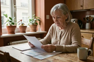 Retraitée française vérifiant ses documents fiscaux à la maison, illustrant les personnes non imposables en France