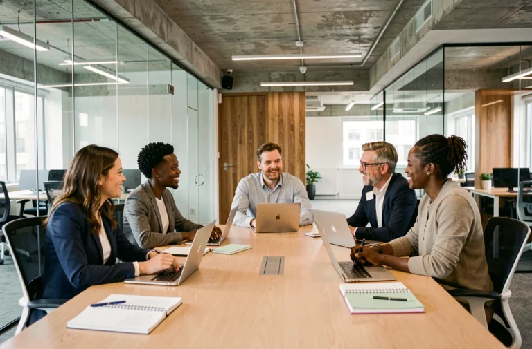 Groupe de professionnels diversifiés participant à une réunion collaborative sur la diversité et l'inclusion en entreprise