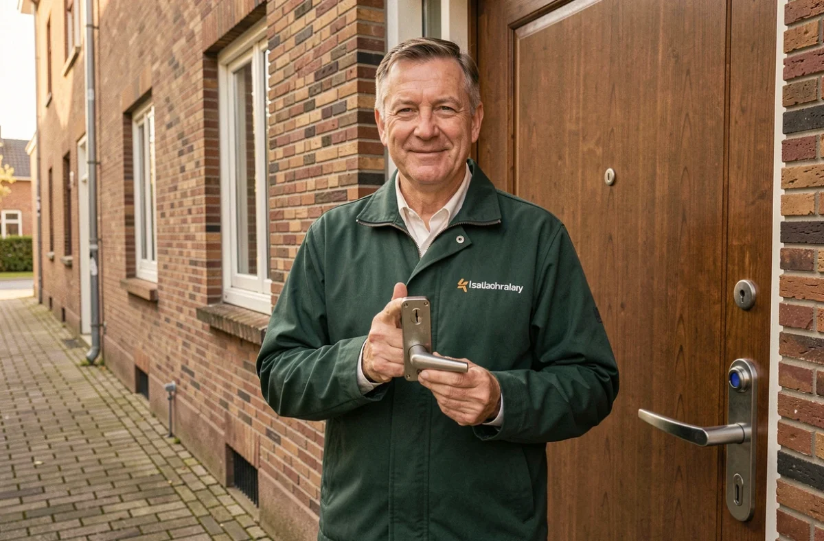 Serrurier Safe HDF présentant une poignée de porte neuve devant un immeuble résidentiel en briques à Lille
