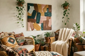 Coin salon bohème chaleureux avec une grande toile multicolore abstraite encadrée par des plantes et des textiles en rotin