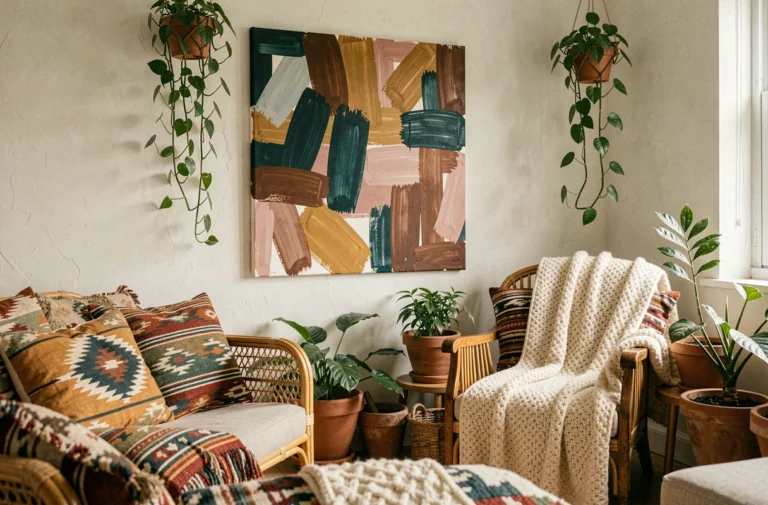Coin salon bohème chaleureux avec une grande toile multicolore abstraite encadrée par des plantes et des textiles en rotin