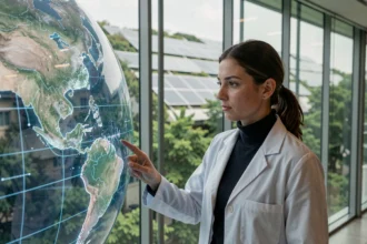 Scientifique analysant un globe holographique interactif dans un laboratoire futuriste en 2026