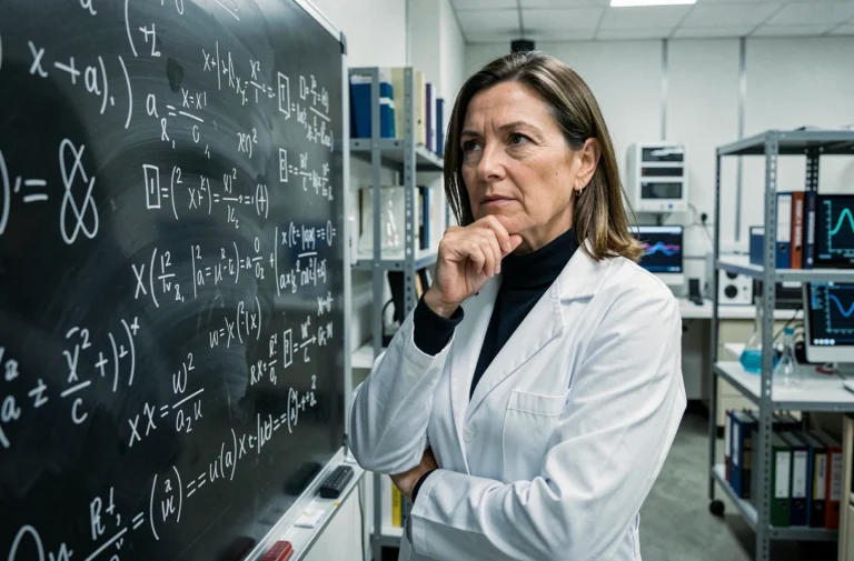Scientifique contemplant des équations de physique quantique sur un tableau de verre dans un laboratoire universitaire