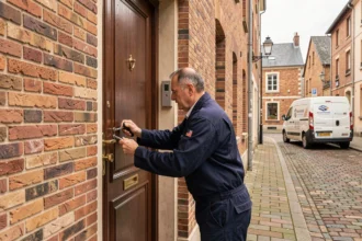 Serrurier professionnel intervenant sur une porte d'entrée dans une rue de Lille avec façades en briques et pavés