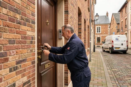 Serrurier professionnel intervenant sur une porte d'entrée dans une rue de Lille avec façades en briques et pavés