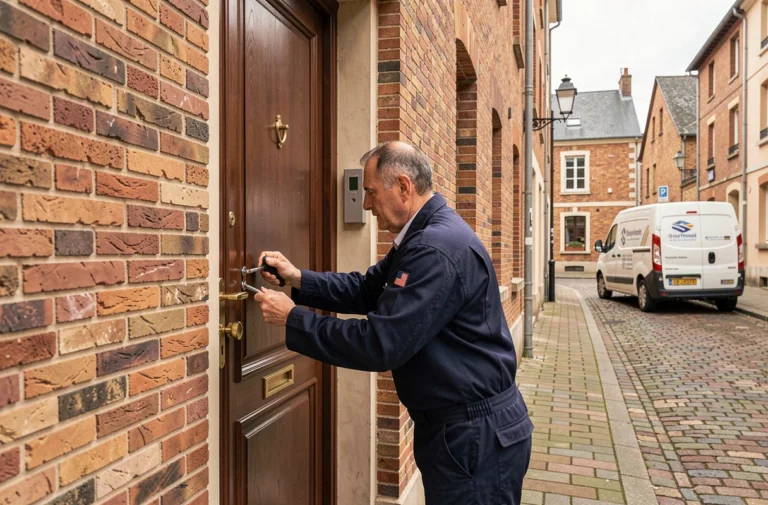 Serrurier professionnel intervenant sur une porte d'entrée dans une rue de Lille avec façades en briques et pavés