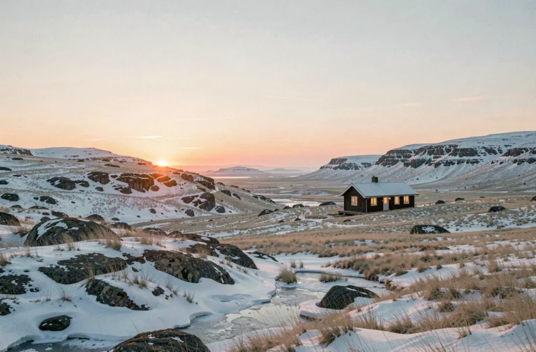 Paysage arctique en Norvège lors du soleil de minuit, cabane en bois sous un ciel ambré en période de jour polaire