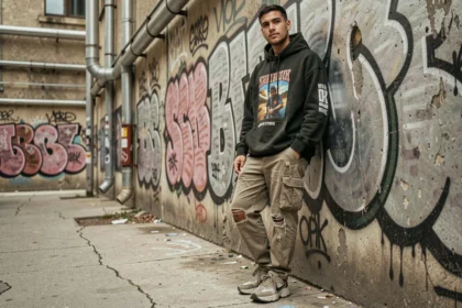 Jeune homme en tenue streetwear avec hoodie oversize et cargo pants devant un mur de graffitis urbains