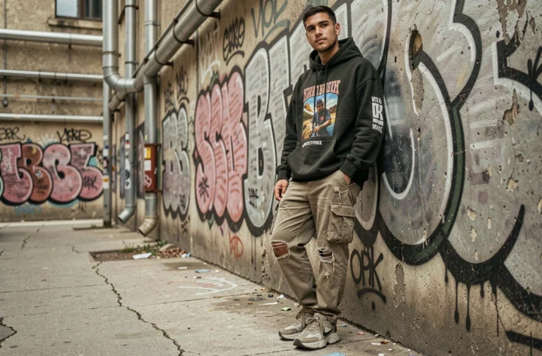 Jeune homme en tenue streetwear avec hoodie oversize et cargo pants devant un mur de graffitis urbains