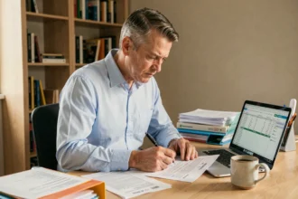 Homme consultant ses documents de revenus fonciers et déclaration fiscale à son bureau à domicile