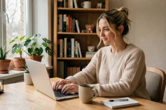 Femme travaillant à domicile dans un bureau cosy avec plantes et ordinateur portable