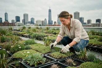 Femme inspectant un toit végétalisé en milieu urbain avec vue sur la skyline de la ville