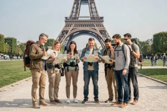 Groupe de touristes internationaux devant la Tour Eiffel à Paris, illustrant l'afflux de visiteurs étrangers en France