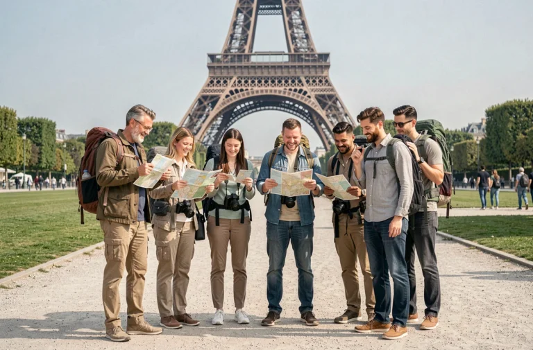 Groupe de touristes internationaux devant la Tour Eiffel à Paris, illustrant l'afflux de visiteurs étrangers en France