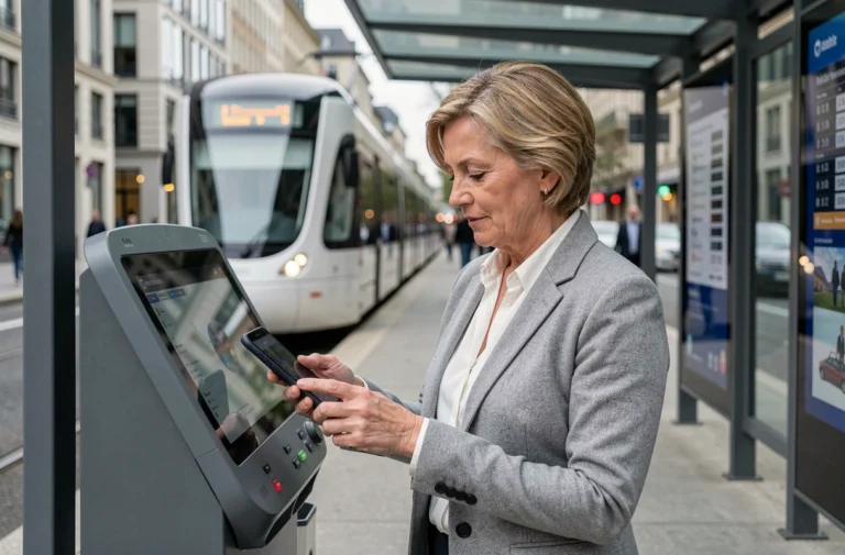 Une femme utilisant son smartphone pour payer sans contact à un arrêt de tramway moderne en ville, illustrant les avancées technologiques dans les transports urbains