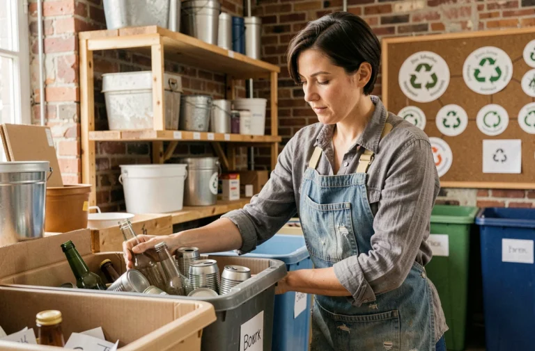 Femme triant des matériaux recyclables dans un atelier urbain illustrant les principes de l'économie circulaire
