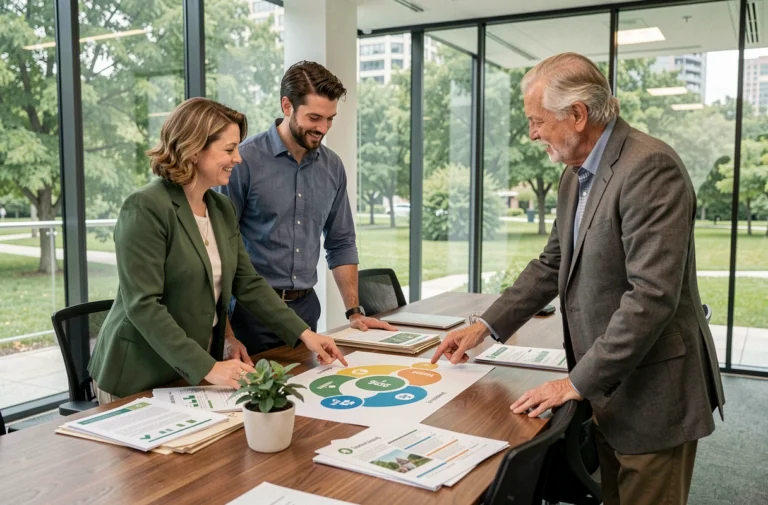 Trois professionnels discutant des trois piliers du développement durable autour d'une table de réunion avec des documents et un diagramme des cercles économie, société et environnement
