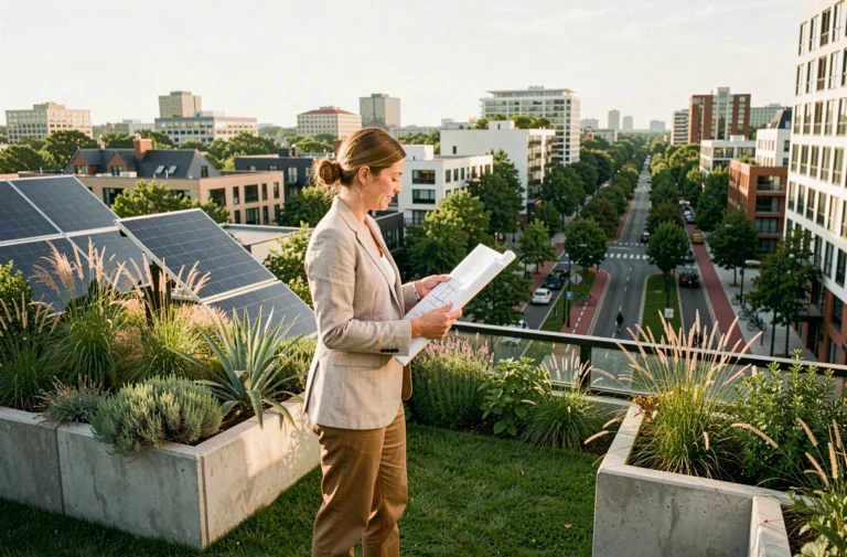 Urbaniste étudiant des plans d'aménagement sur un toit végétalisé d'un éco-quartier urbain moderne