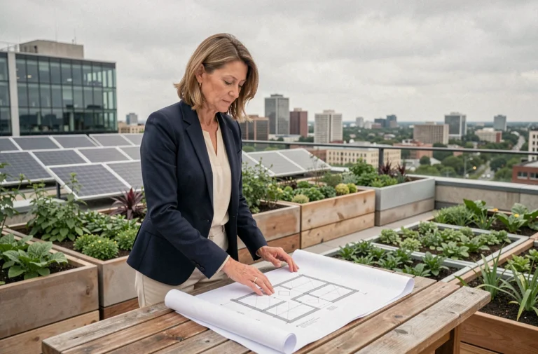 Urbaniste étudiant des plans sur un toit végétalisé avec panneaux solaires et skyline urbain en arrière-plan, symbolisant la croissance durable