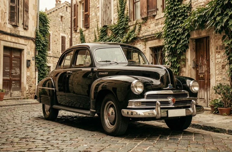 Voiture américaine classique des années 1950 garée sur des pavés d'une rue européenne ancienne, évoquant l'histoire de l'automobile