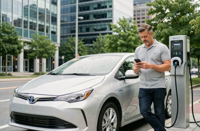 Homme s'appuyant sur une voiture hybride rechargeable dans un environnement urbain moderne avec des bâtiments en verre en arrière-plan
