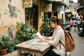 Voyageuse consulte une carte dans un café de rue abordable en Asie du Sud-Est, ambiance authentique et locale
